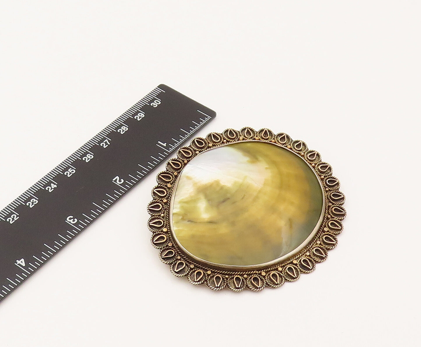 ISRAEL 925 Silver  Vintage Large Mother Of Pearl Shell Brooch Pin  BP10231