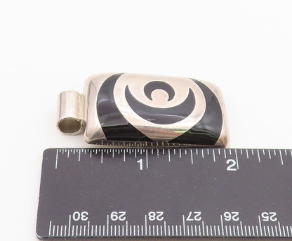 MEXICO 925 Sterling Silver  Vintage Inlaid Black Onyx Design Pendant BP3178