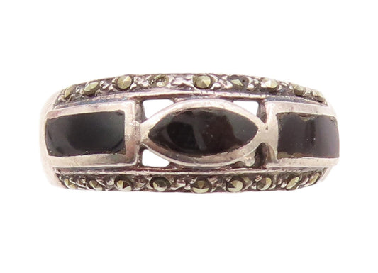 925 Sterling Silver Vintage Ring Designer Onyx & Marcasite Border Sz 7.5 RG32988