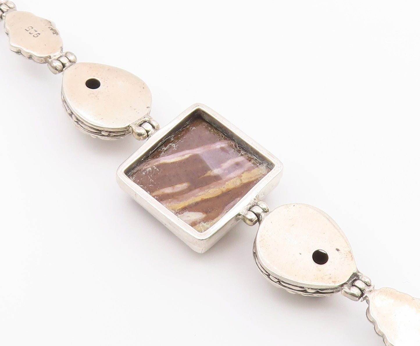 925 Sterling Silver  Vintage Brown Jasper & Amethyst Chain Bracelet  BT3896