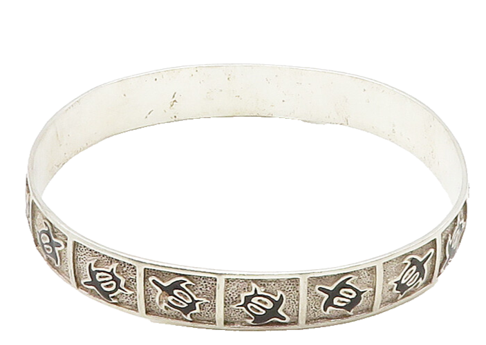 925 Sterling Silver  Vintage Black Onyx Turtle Motif Bangle Bracelet  BT6488