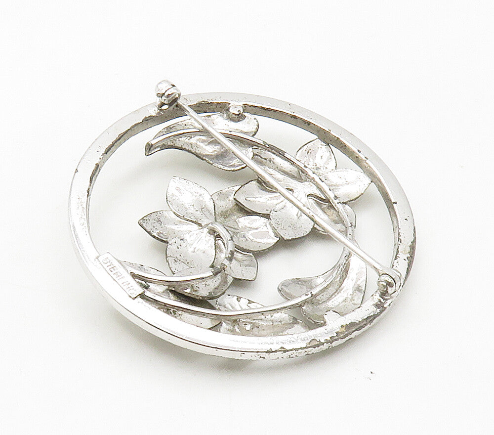 925 Sterling Silver  Vintage Sparkling Flowers Motif Round Brooch Pin  BP5931
