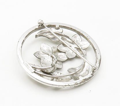 925 Sterling Silver  Vintage Sparkling Flowers Motif Round Brooch Pin  BP5931