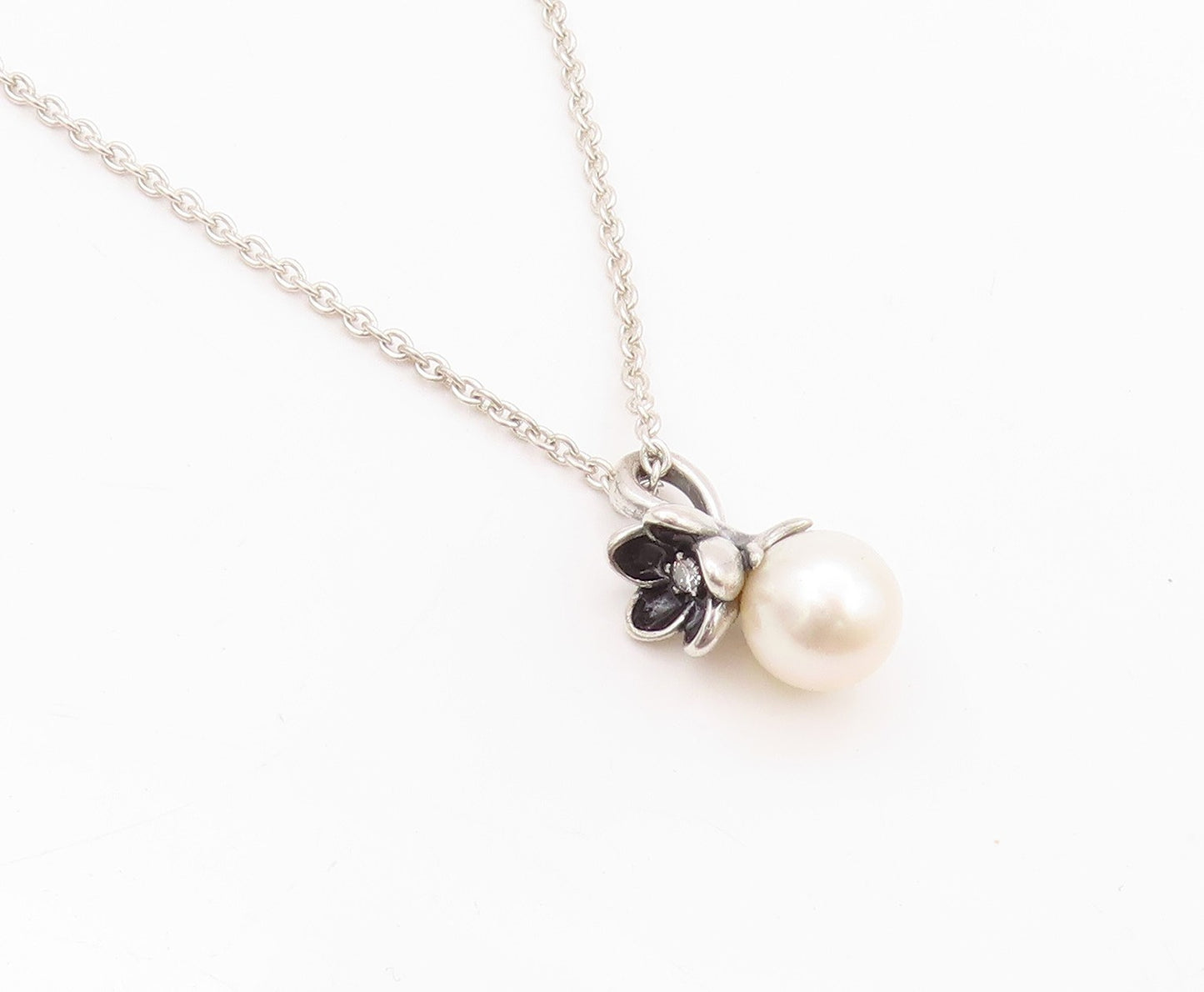 925 Sterling Silver Vintage Necklace PANDORA Pearl & Dark Tone Flower  NE4493