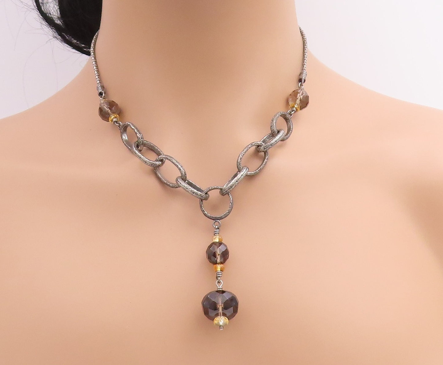 925 Sterling Silver Vintage Necklace SILPADA Smoky Quartz & Citrine Chain NE4638