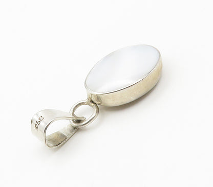 MEXICO 925 Sterling Silver  Vintage Mother Of Pearl Oval Drop Pendant  PT11966