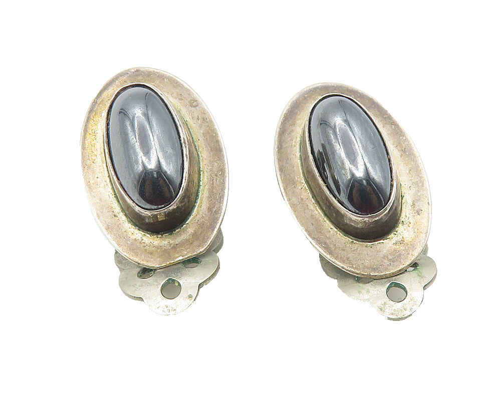 INCA NAVAJO 925 Sterling Silver  Vintage Hematite Non Pierce Earrings  EG5957
