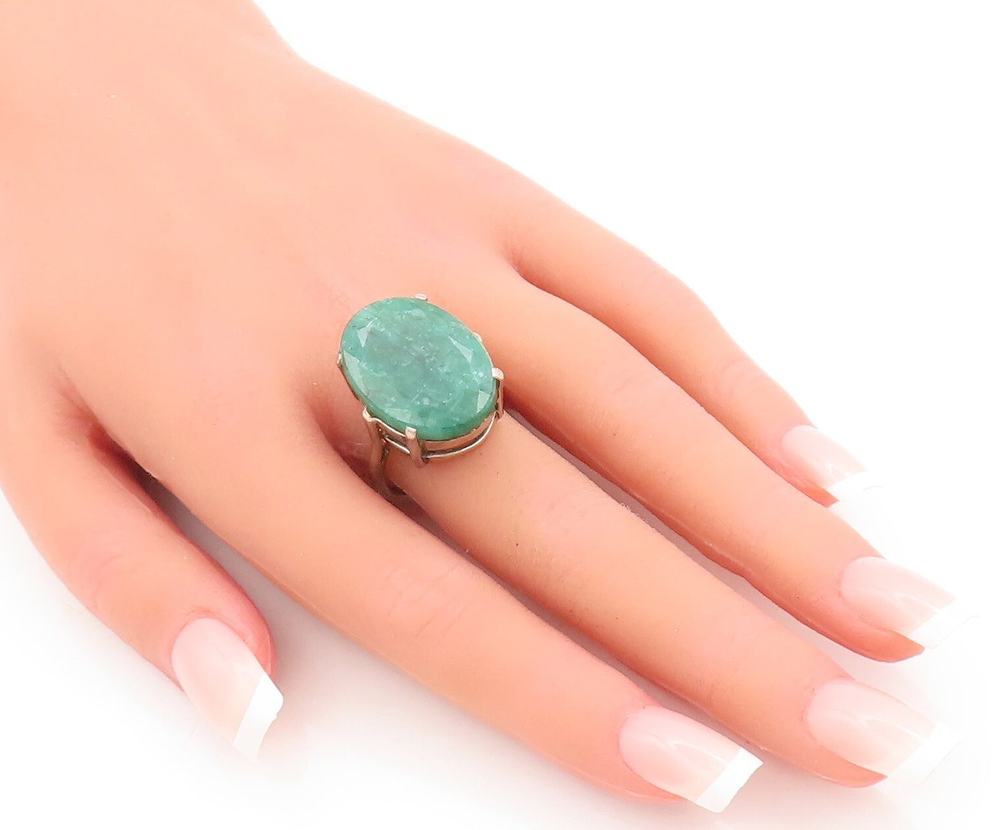 925 Sterling Silver Vintage Ring Minimalist Large Oval Green Gem Sz 8.5 RG29189