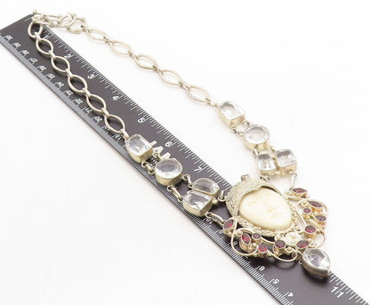 925 Silver  Vintage Red & White Topaz Carved Face Chain Necklace  NE1245