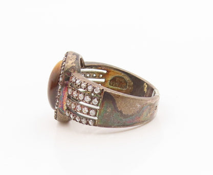 925 Sterling Silver Vintage Ring Classic Tiger's Eye Halo CZ Band  Sz 7  RG35969