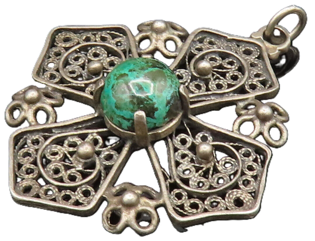 ISRAEL 925 Silver   Vintage Filigree Swirl Chrysocolla Cross Pendant  PT20581