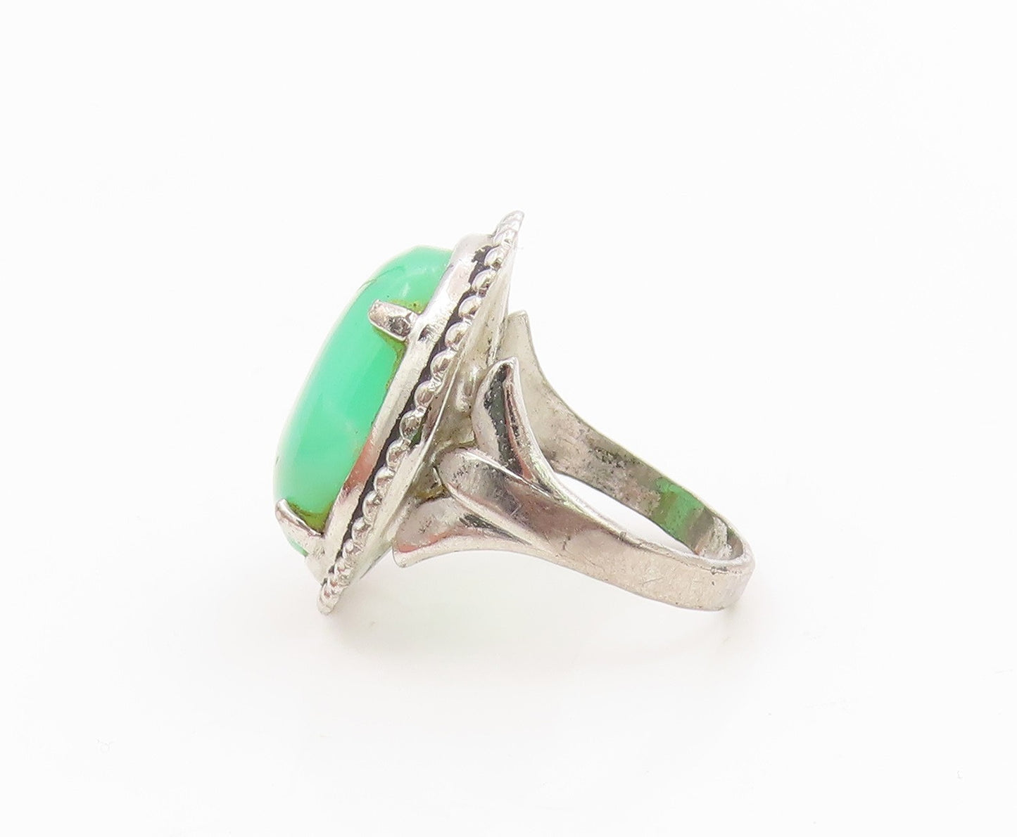925 Sterling Silver Vintage Ring Cabochon Gemstone Beaded Edge  Sz 6.5  RG35863