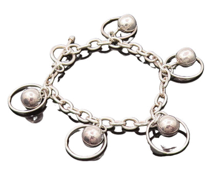 925 Silver  Vintage Round Link Chain Dangling Beaded Ring Bracelet  BT9862