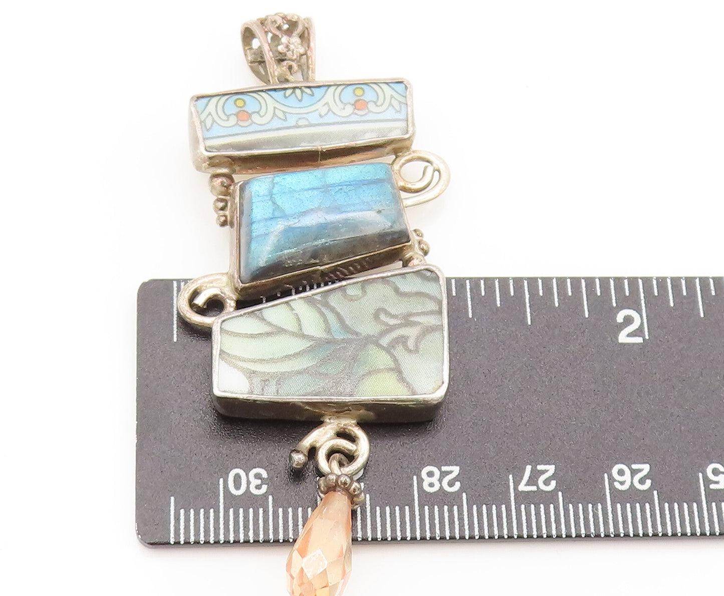 JACMEL 925 Silver  Vintage Designer Enamel Crystal Stone Drop Pendant PT22305
