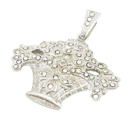 925 Sterling Silver  Vintage Sparkling Flower Basket Motif Pendant  PT9085