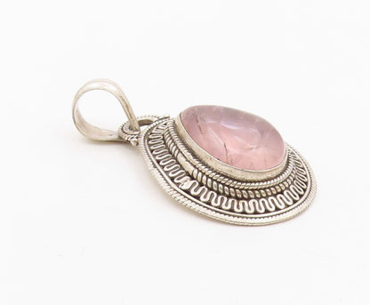 925 Sterling Silver  Vintage Cabochon Cut Rose Quartz Shiny Pendant  PT13789