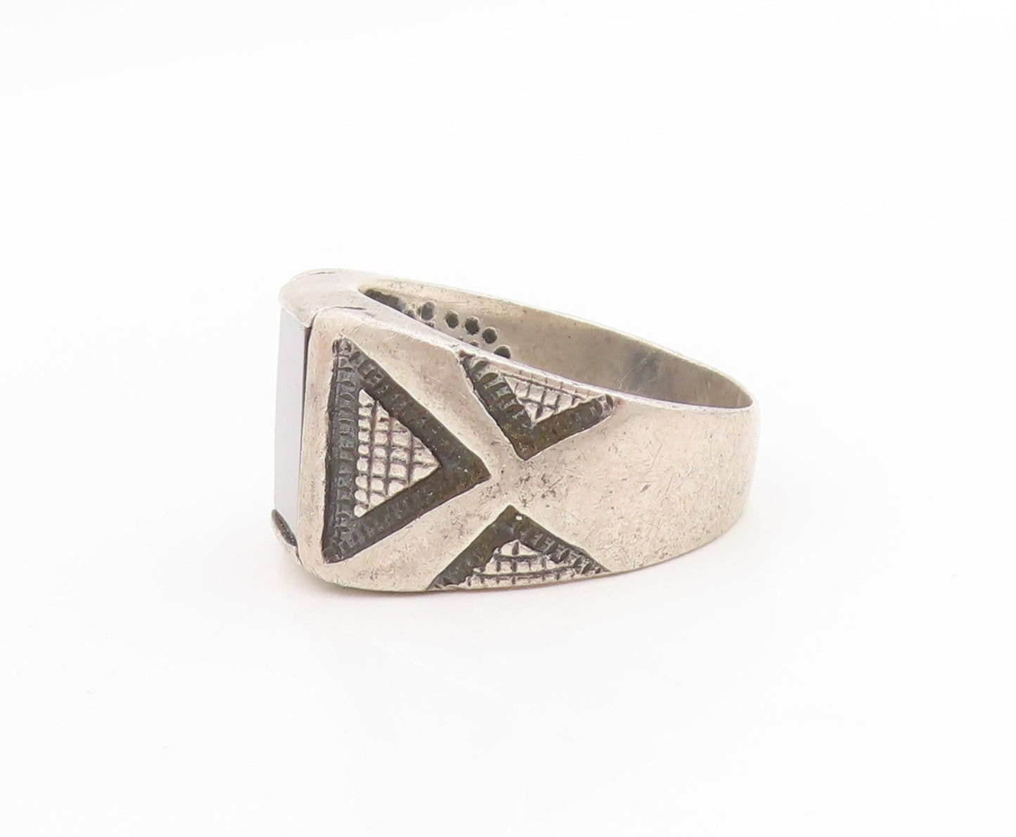 925 Sterling Silver Vintage Ring Onyx Etched Geometric Band  Sz 11.5  RG34001