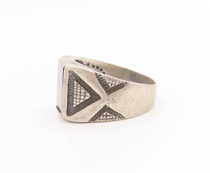 925 Sterling Silver Vintage Ring Onyx Etched Geometric Band  Sz 11.5  RG34001