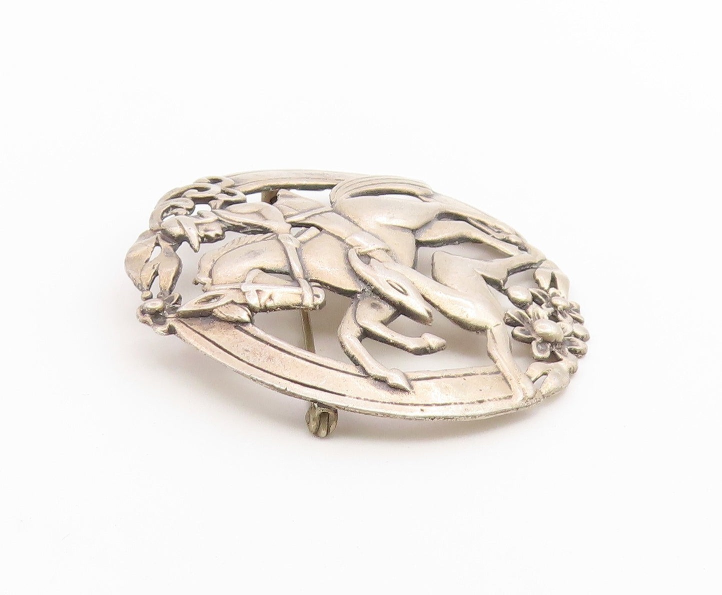 925 Sterling Silver Vintage Brooch Pin Equestrian Hunter & Deer Chase  BP12670