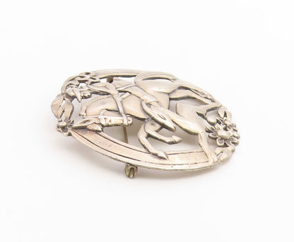 925 Sterling Silver Vintage Brooch Pin Equestrian Hunter & Deer Chase  BP12670