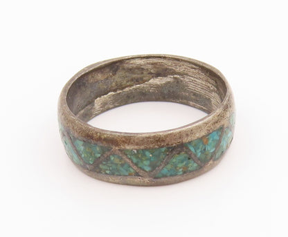 925 Sterling Silver Vintage Ring Crushed Turquoise Triangle Inlay Sz 10 RG35686
