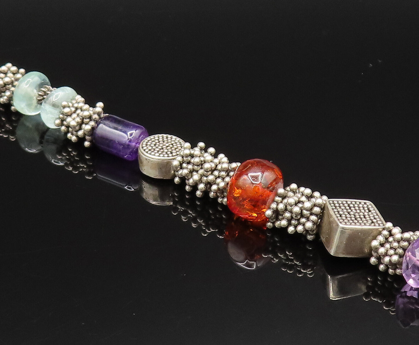 925 Silver  Vintage Beaded Cluster Amber Amethyst & Quartz Bracelet  BT9671