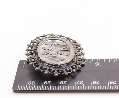 925 Sterling Silver Vintage Brooch Pin Dark Tone Trible Figures Carved  BP11335