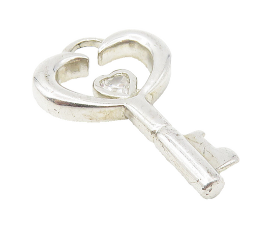 925 Sterling Silver  White Topaz Love Heart Key Motif Drop Pendant  PT9191