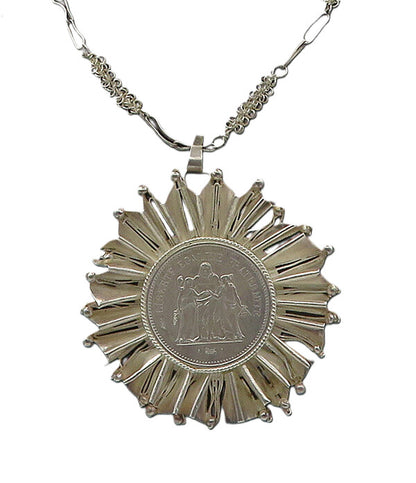 Solid Silver Vintage Heavy Floral Framed Coin Pendant Chain Necklace  NE2899