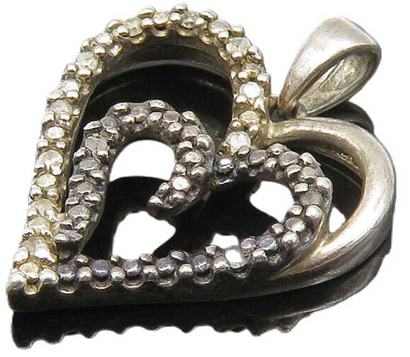 925 Sterling Silver  Vintage Genuine Diamonds Love Hearts Pendant  PT17839
