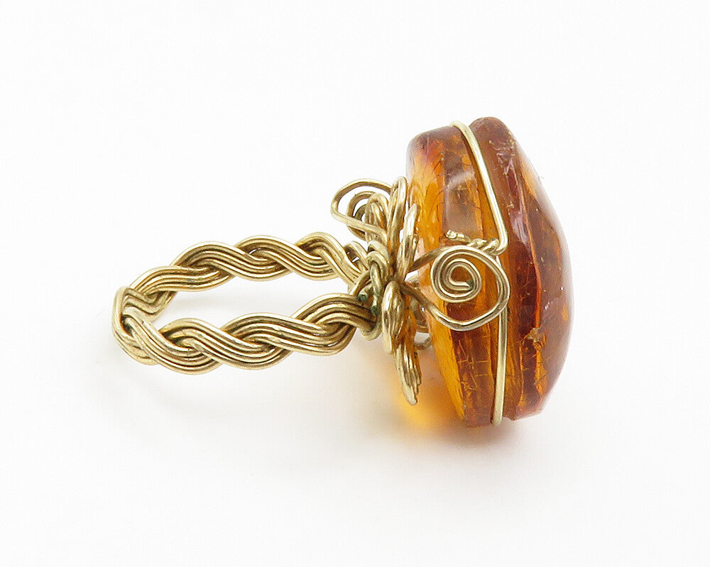 925 Sterling Silver Vintage Cabochon Amber Wire Swirl Ring Sz 4.5  RG14972