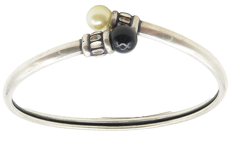 KBN KABANA 925 Silver  Vintage Pearl & Onyx Bypass Cuff Bracelet  BT4375