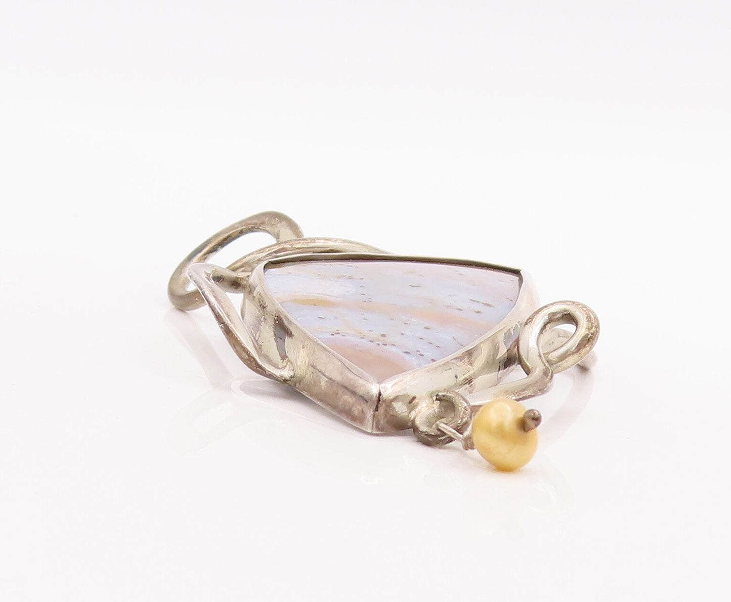 925 Sterling Silver Vintage Pendant Brutalist Designer Marble With Pearl PT22855