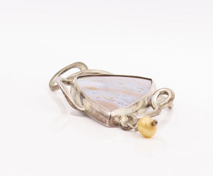 925 Sterling Silver Vintage Pendant Brutalist Designer Marble With Pearl PT22855