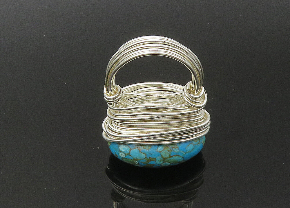 925 Sterling Silver  Vintage Turquoise Shiny Wire Cocktail Ring Sz 10  RG22600