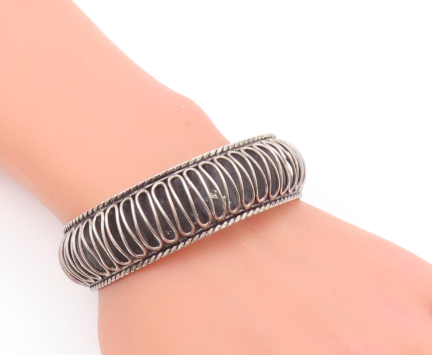 925 Sterling Silver Vintage Bracelet Solid Bulged Wave Carved Cuff  BT10541