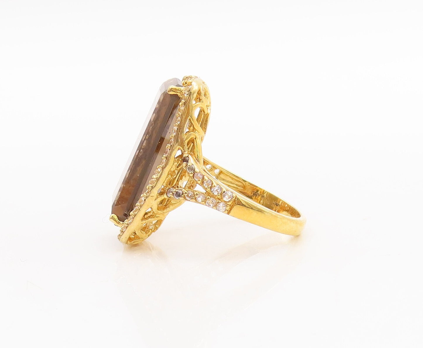 925 Sterling Silver Vintage Ring Gold Plated Smoky Quartz & Topaz Sz 7.5 RG29731