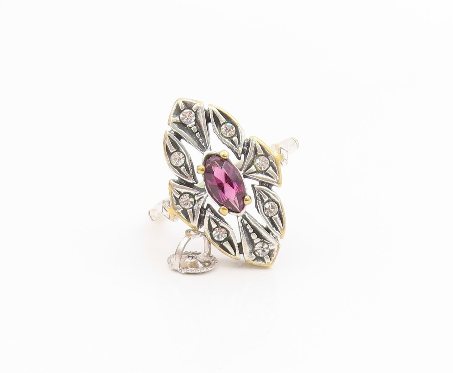 925 Sterling Silver Vintage Ring EUROPE Amethyst Open Floral Band  Sz 8  RG34648