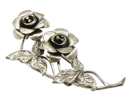 BEAU 925 Sterling Silver  Vintage Shiny Rose Flowers Brooch Pin  BP6389