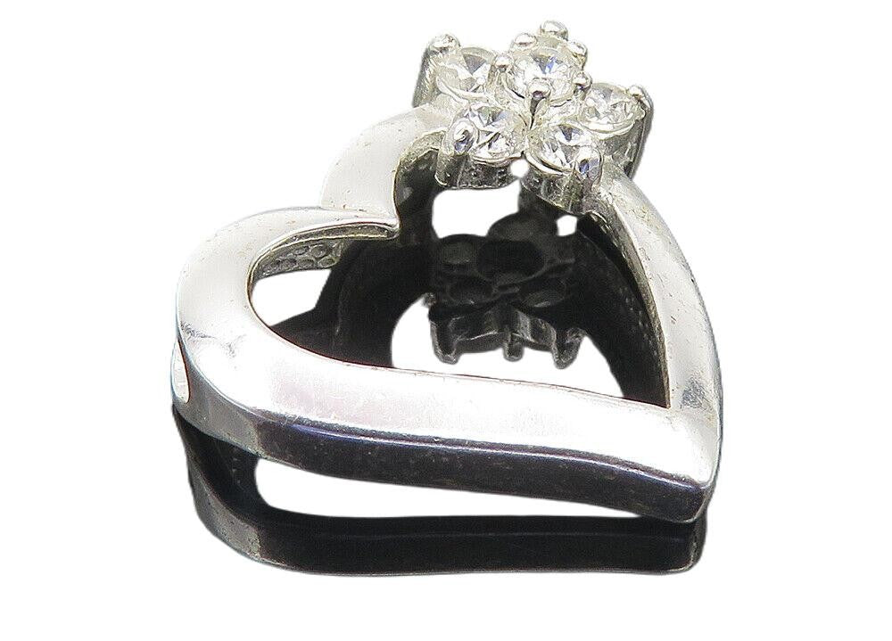 925 Sterling Silver  White Topaz Floral Cluster Love Heart Pendant  PT8713