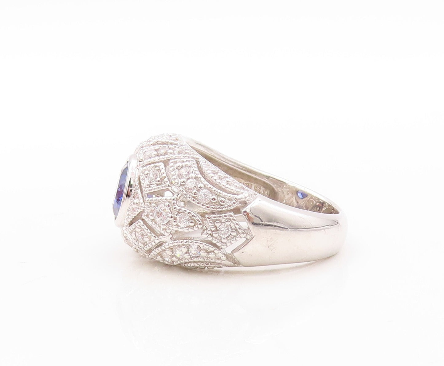 925 Sterling Silver Vintage Ring Designer Cut Sapphire & CZ Inlay Sz 7.5 RG30816