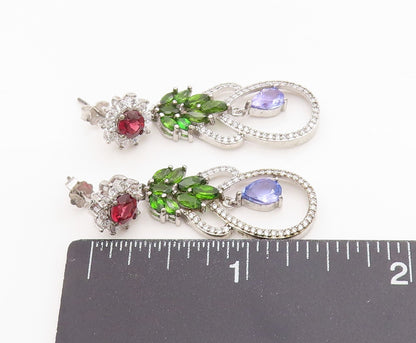 925 Sterling Silver Vintage Earrings Multi Gemstone Floral Leaf Dangle  EG13835