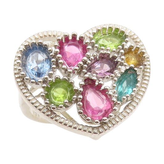 925 Sterling Silver Vintage Ring Multi Color Gemstone Love Heart  Sz 8  RG34286
