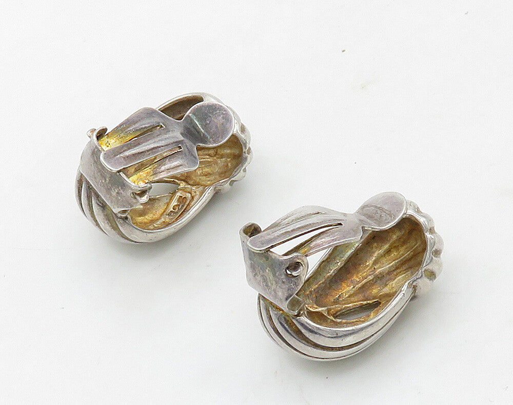 ISRAEL 925 Sterling Silver  Vintage Shiny Fluted Non Pierce Earrings  EG8298