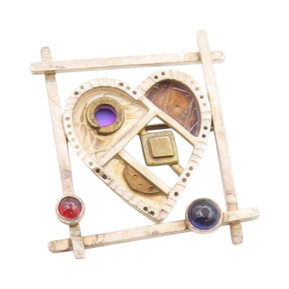 925 Sterling Silver Vintage Brooch Modernist Multi Gemstone Love Heart  BP11946