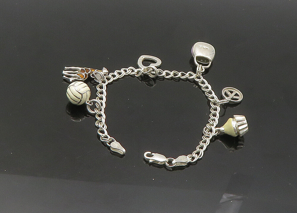925 Sterling Silver  Vintage Topaz & Enamel Charmed Chain Bracelet  BT8479