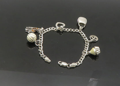 925 Sterling Silver  Vintage Topaz & Enamel Charmed Chain Bracelet  BT8479