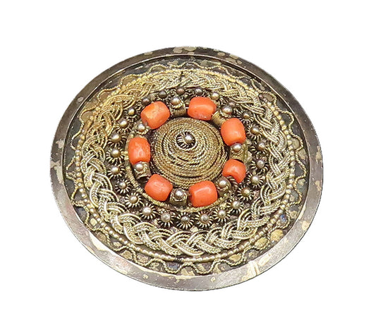 ISRAEL 925 Silver  Vintage Antique Braided & Beaded Coral Brooch Pin  BP9885
