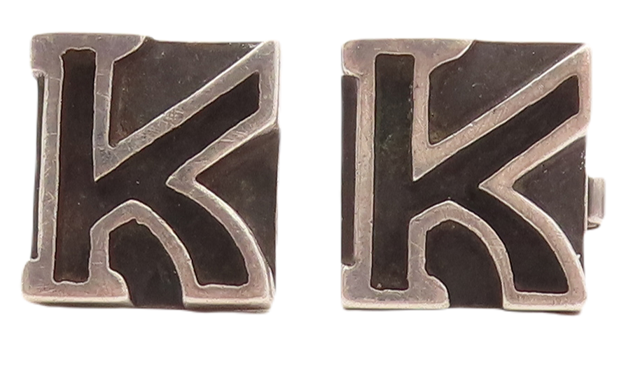 925 Sterling Silver Vintage Cufflinks MAXICO Cutout Bulged Bordered 'K'  TR3724