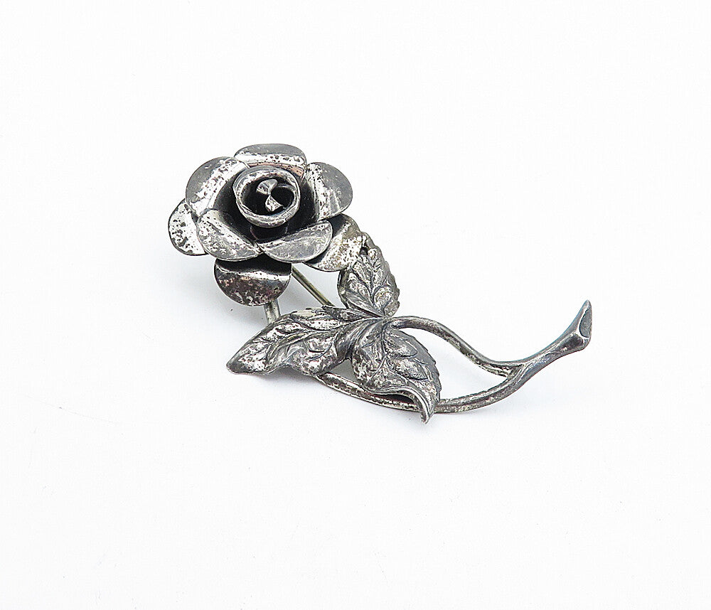 BEAU 925 Silver  Vintage Dark Tone Sculpted Rose Flower Brooch Pin  BP1416